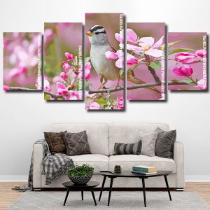 Sparrow Bird and Pink Flowers Panel paint by numbers