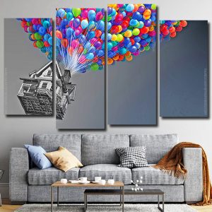 Flying Monochrome House With Colorful Balloons 4 Panels Paint By Numbers