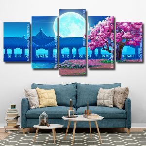 Moon And Cherry Blossom Floral Tree 5 Panels Paint By Numbers