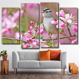 Sparrow Bird and Pink Flowers 4 Panels Paint By Numbers