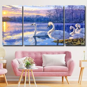 Swans On Lake 3 Panels Paint By Numbers