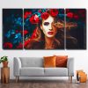 Beautiful Woman With Red Flower 3 Panels Paint By Numbers