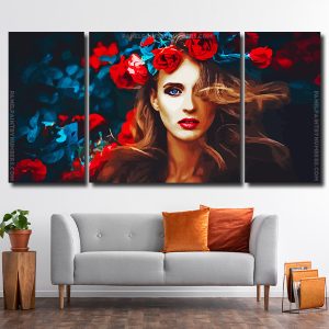 Beautiful Woman With Red Flower 3 Panels Paint By Numbers