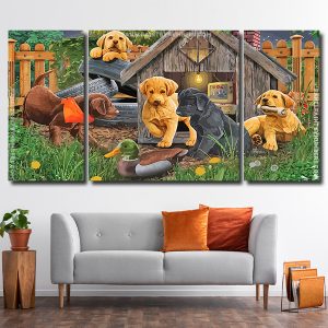 Puppies And Duck 3 Panels Paint By Numbers