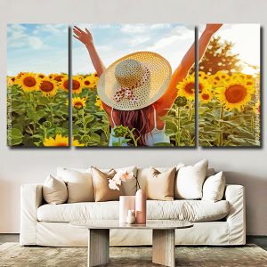 Woman Enjoying Sunflowers 3 Panels Paint By Numbers