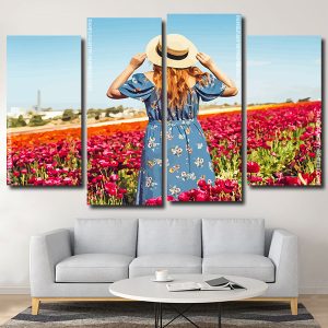 Woman In A Field Of Flowers 4 Panels Paint By Numbers